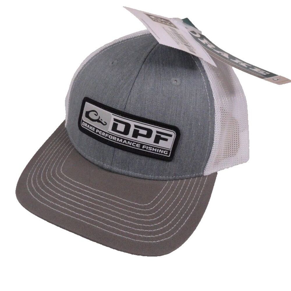 Drake DPF Performance Fishing Hat Cap Grey White Snapback Trucker Adjustable NWT
